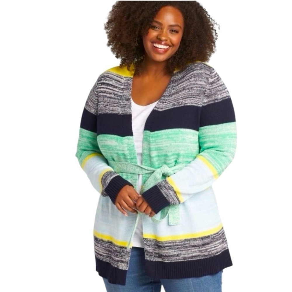 LANE BRYANT Classic Long-Sleeve Belted Colorblock Stripped Cardigan Womens 14/16